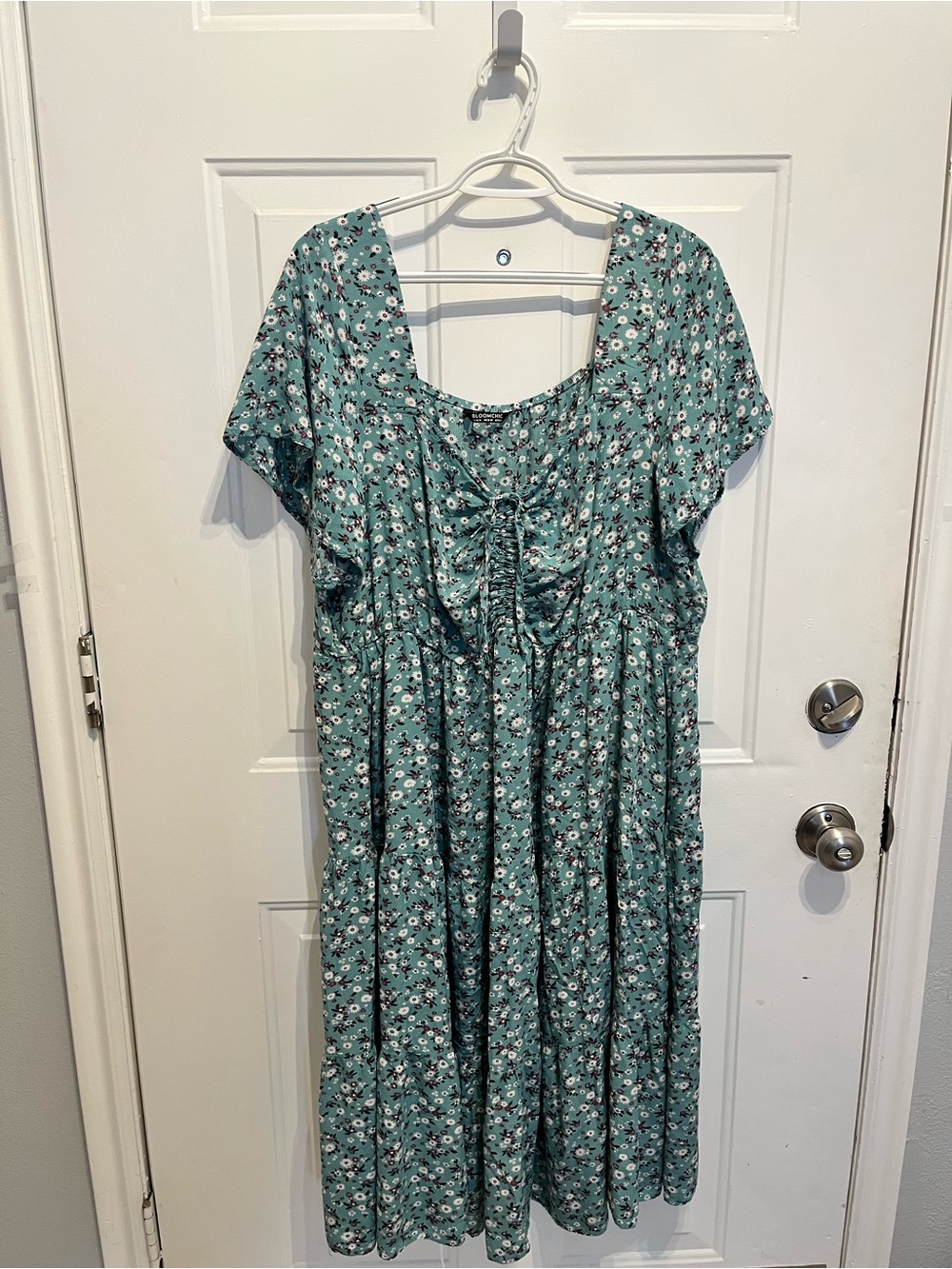 BloomChic Teal Green Floral Midi Dress with Drawstring